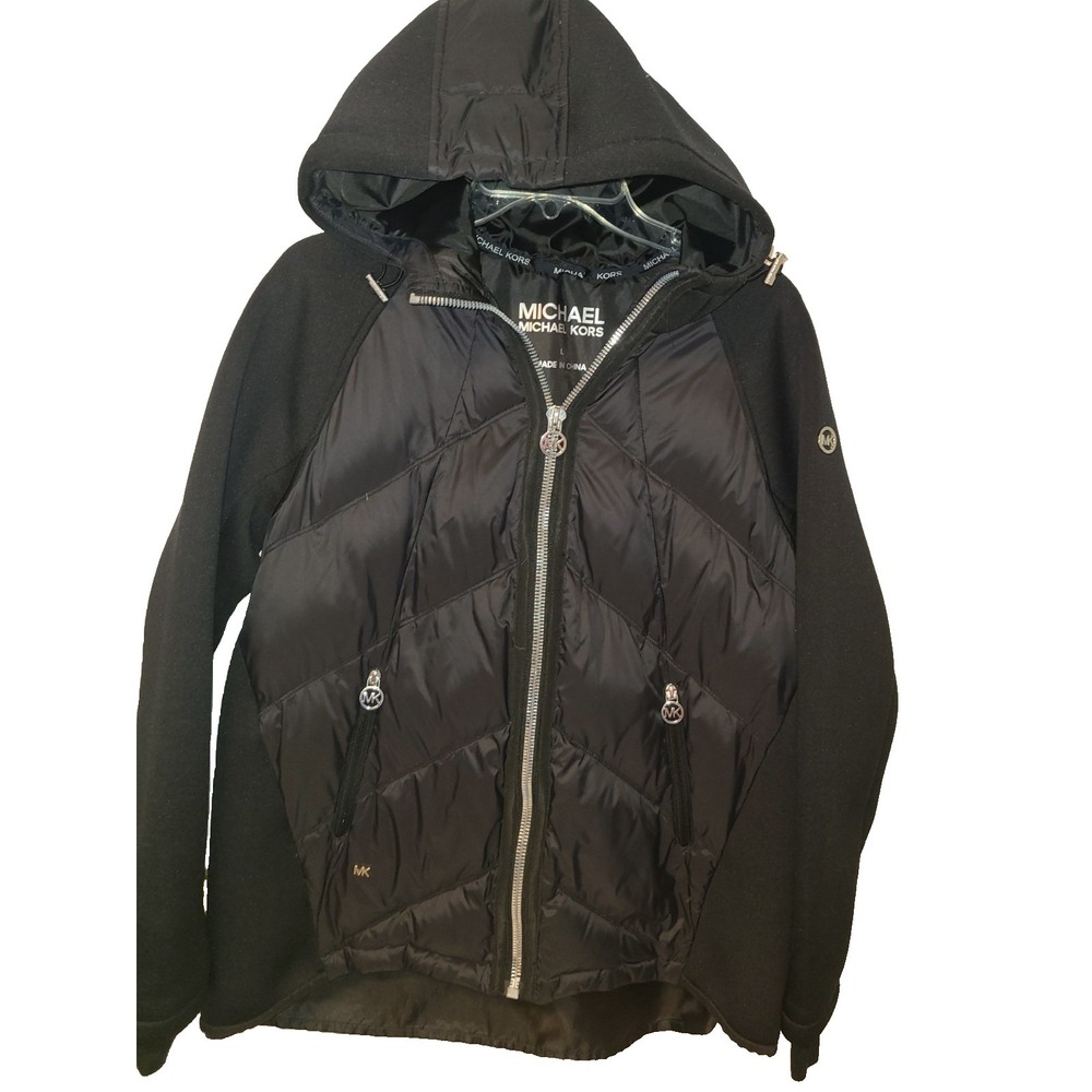 Women's Michael Kors Coat Size Lg Puffy Nylon Hoodie 2nd sleeve w thumb holes